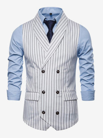 ホワイト メンズ ストライプ ダブルブレスト ベスト ビジネス ノースリーブ スーツ ジャケット