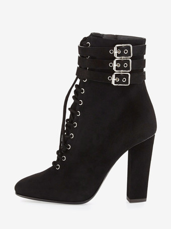 ブラック レディース アンクルブーツ レースアップ ブラック ラウンドトゥ バックルディテール チャンキーヒール ブーティ
