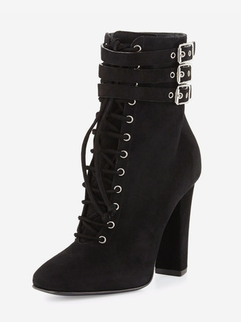 レディース アンクルブーツ レースアップ ブラック ラウンドトゥ バックルディテール チャンキーヒール ブーティ