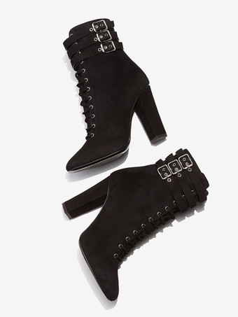レディース アンクルブーツ レースアップ ブラック ラウンドトゥ バックルディテール チャンキーヒール ブーティ