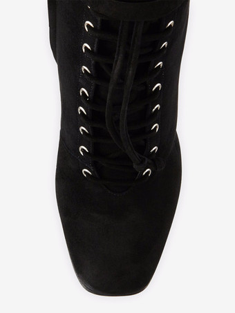 レディース アンクルブーツ レースアップ ブラック ラウンドトゥ バックルディテール チャンキーヒール ブーティ