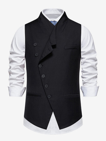 ブラック メンズスーツベスト ウェディングパーティー 斜めシングルブレストベスト