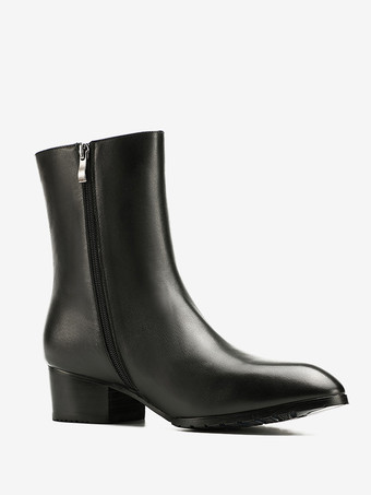 メンズブーツ ミッドヒール ポインテッドトゥ ブラック ショートブーツ ジッパー レザー トゥスプリングブーツ