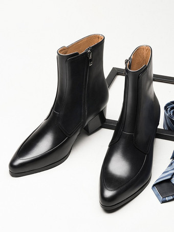 ブラック メンズブーツ スリッポン ポインテッドトゥ ジッパー ミッドヒール アンクルブーツ