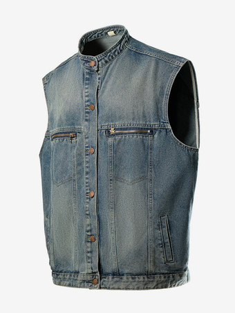 メンズ デニムジャケット ノースリーブ シングルブレスト ポケット付きデニムジャケット