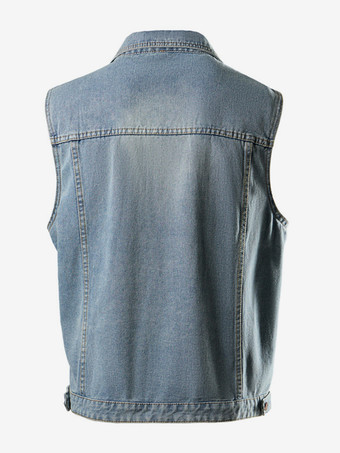 メンズ ノースリーブ デニムジャケット シングルブレスト カジュアルジャケット ポケット付き