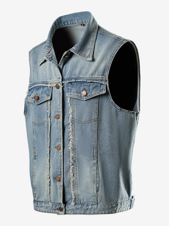 メンズ ノースリーブ デニムジャケット シングルブレスト カジュアルジャケット ポケット付き