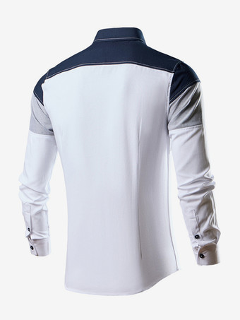 メンズ カジュアル パッチワーク 長袖シャツ ラペル スリムフィット トップス