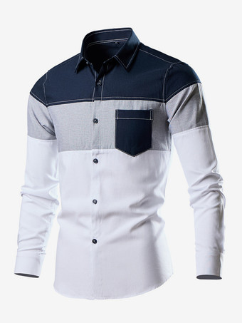 メンズ カジュアル パッチワーク 長袖シャツ ラペル スリムフィット トップス