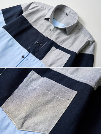 メンズ カジュアル パッチワーク 長袖シャツ ラペル スリムフィット トップス
