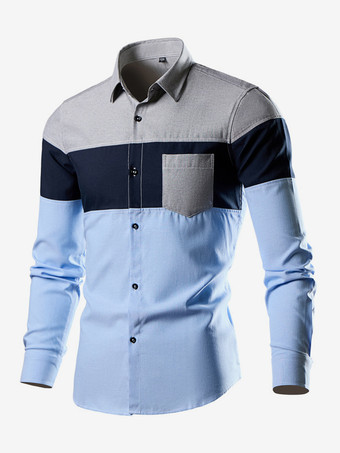 メンズ カジュアル パッチワーク 長袖シャツ ラペル スリムフィット トップス
