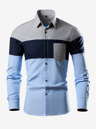ライトスカイブルーメンズ カジュアル パッチワーク 長袖シャツ ラペル スリムフィット トップス