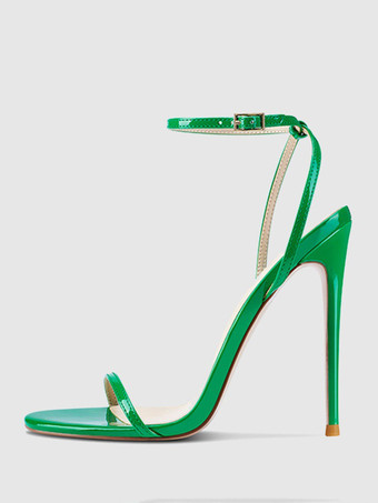 グリーン レディースヒールサンダル オープントゥ スティレットヒール アンクルストラップ パーティーシューズ
