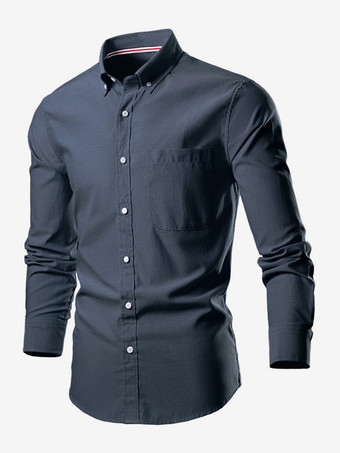 ダークネイビーメンズ プラスサイズ 長袖シャツ ボタンダウン スリムフィット ウェディングシャツ