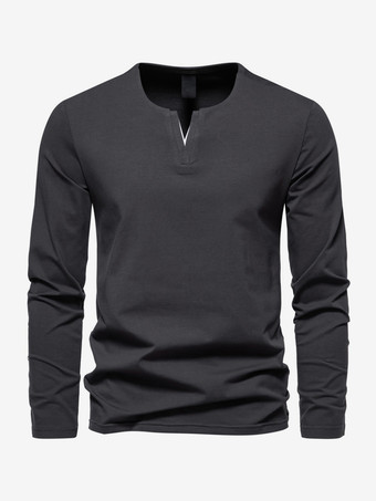 ダークグレー メンズ コットン Vネック 長袖 Tシャツ カジュアル 無地 トップス