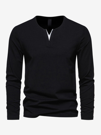ブラック メンズ コットン Vネック 長袖 Tシャツ カジュアル 無地 トップス