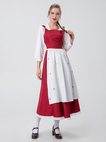 レッド レディース エレガント トップ エプロン ポリエステル セット ホリデー コスチューム バーガンディ