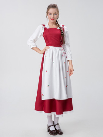 レッド レディース エレガント トップ エプロン ポリエステル セット ホリデー コスチューム バーガンディ