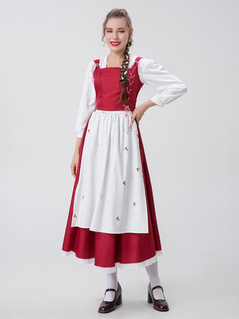 レッド レディース エレガント トップ エプロン ポリエステル セット ホリデー コスチューム バーガンディ