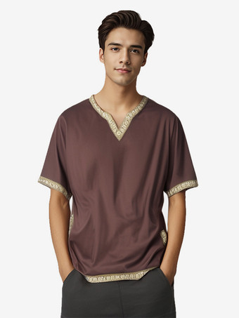 ブラウン 男性用の赤いヴィンテージトップレトロ半袖シャツレトロコスチューム バーガンディ