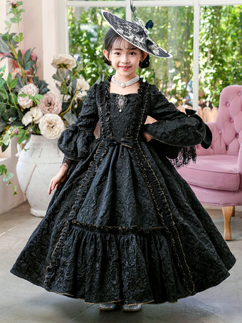 ビクトリア朝のロココ調のコスチューム、黒のレトロドレス、女の子のコスチューム、仮面舞踏会のドレス
