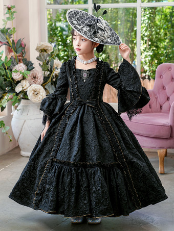 ビクトリア朝のロココ調のコスチューム、黒のレトロドレス、女の子のコスチューム、仮面舞踏会のドレス
