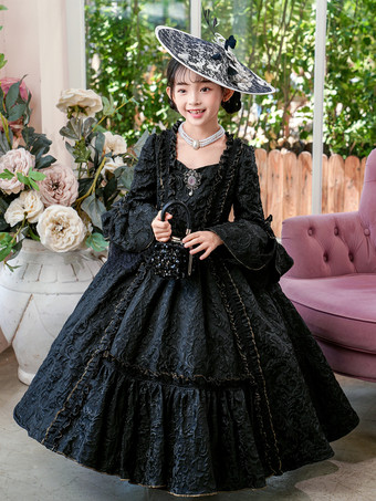 ビクトリア朝のロココ調のコスチューム、黒のレトロドレス、女の子のコスチューム、仮面舞踏会のドレス