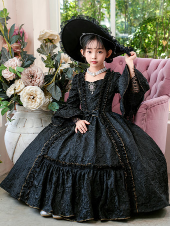 ビクトリア朝のロココ調のコスチューム、黒のレトロドレス、女の子のコスチューム、仮面舞踏会のドレス