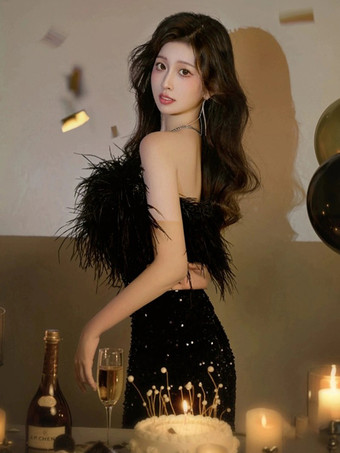 イブニングドレス ボールガウン ストラップレス ショート ノースリーブ ジッパー フェザー ポリエステル フォーマル ディナードレス