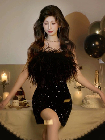 イブニングドレス ボールガウン ストラップレス ショート ノースリーブ ジッパー フェザー ポリエステル フォーマル ディナードレス