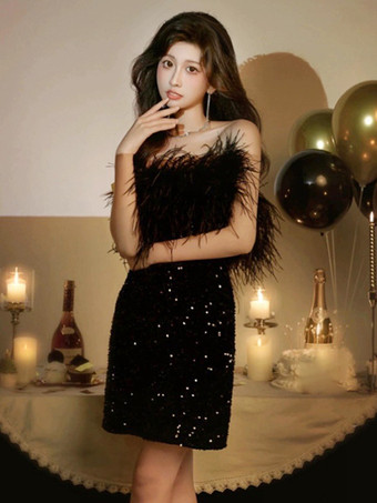 ブラックイブニングドレス ボールガウン ストラップレス ショート ノースリーブ ジッパー フェザー ポリエステル フォーマル ディナードレス