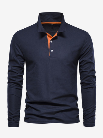 ダークネイビーメンズ ポロシャツ ターンダウンカラー 長袖 ロゴ レギュラーフィット グレー ファッション ポロシャツ