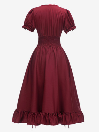 コーヒーブラウン レトロコスチューム プリーツコスチュームドレス レディース エレガント チュニックコスチューム バーガンディ