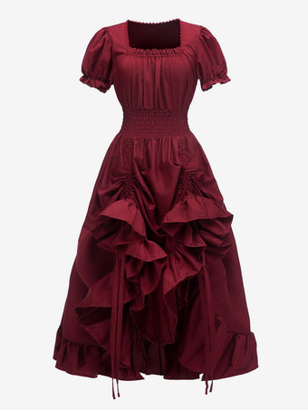 コーヒーブラウン レトロコスチューム プリーツコスチュームドレス レディース エレガント チュニックコスチューム バーガンディ