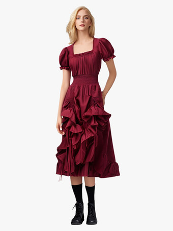 ワインレッド コーヒーブラウン レトロコスチューム プリーツコスチュームドレス レディース エレガント チュニックコスチューム バーガンディ