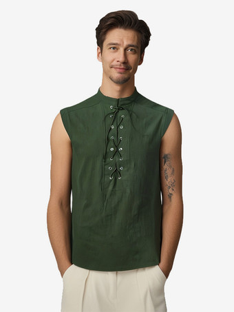 ダークグリーン男性用ブラック ヴィンテージトップ エレガントなポリエステル レースアップ ノースリーブ レトロコスチューム