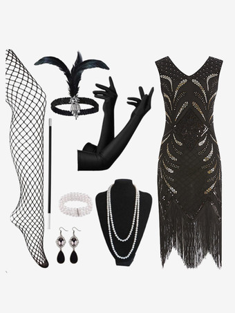 ブラック 1920年代フラッパードレス レトロコスチューム レディース スパンコール フリンジセットドレス ボールガウン バーガンディ