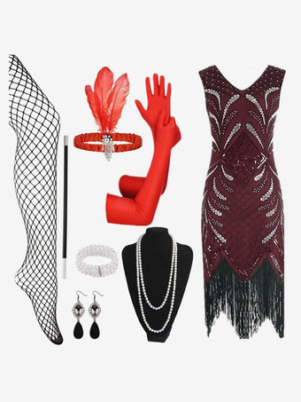 ワインレッド 1920年代フラッパードレス レトロコスチューム レディース スパンコール フリンジセットドレス ボールガウン バーガンディ