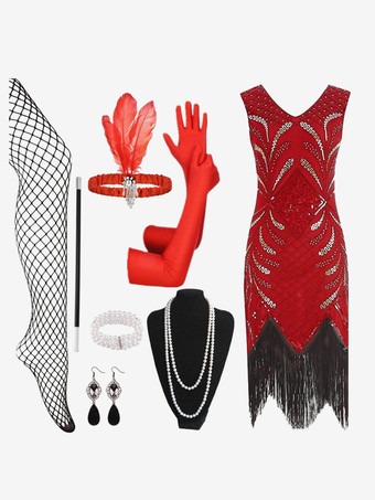 レッド 1920年代フラッパードレス レトロコスチューム レディース スパンコール フリンジセットドレス ボールガウン バーガンディ