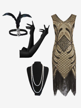 アプリコット1920年代フラッパードレス レトロコスチューム レディース スパンコール フリンジセットドレス ボールガウン バーガンディ