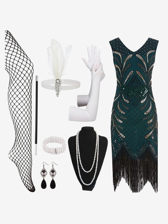 ダークグリーン1920年代フラッパードレス レトロコスチューム レディース スパンコール フリンジセットドレス ボールガウン バーガンディ