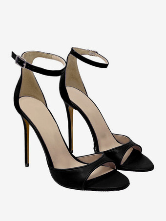 ブラックヒールサンダル オープントゥ スティレットヒール アンクルストラップサンダルシューズ