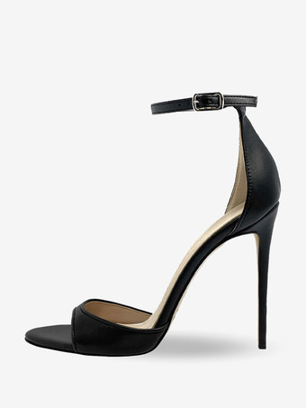 ブラック ブラックヒールサンダル オープントゥ スティレットヒール アンクルストラップサンダルシューズ