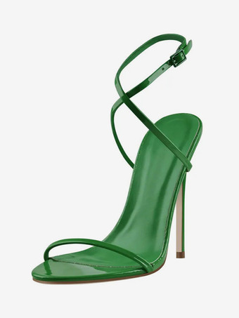 グリーン レディースヒールサンダル レッド オープントゥ クリスクロス スティレットヒール パーティーシューズ