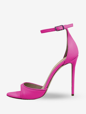 ローズレッドブラックヒールサンダル オープントゥ スティレットヒール アンクルストラップサンダルシューズ