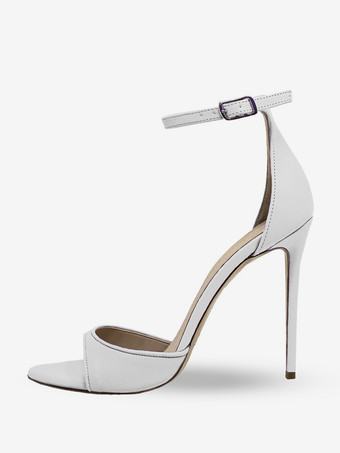 ホワイト ブラックヒールサンダル オープントゥ スティレットヒール アンクルストラップサンダルシューズ
