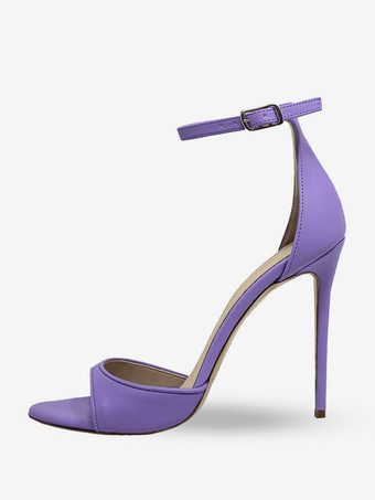 パープル ブラックヒールサンダル オープントゥ スティレットヒール アンクルストラップサンダルシューズ