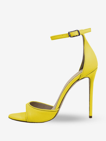 イエローブラックヒールサンダル オープントゥ スティレットヒール アンクルストラップサンダルシューズ