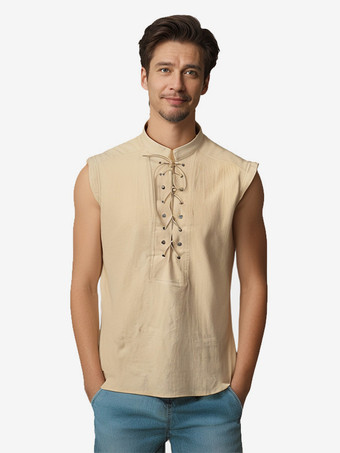 アプリコット男性用ブラック ヴィンテージトップ エレガントなポリエステル レースアップ ノースリーブ レトロコスチューム