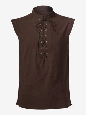 男性用ブラック ヴィンテージトップ エレガントなポリエステル レースアップ ノースリーブ レトロコスチューム